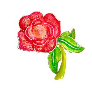 MJ Flower Bright Pink Green Silver Tone Pin Brooch Pendant Vintage